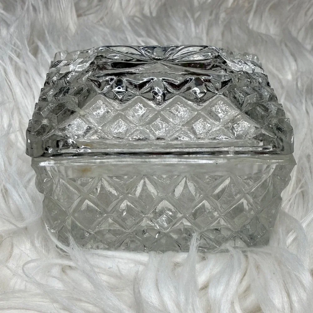 Vintage Clear Pressed Glass Trinket Box Diamond Cut Rectangular Jewelry Case